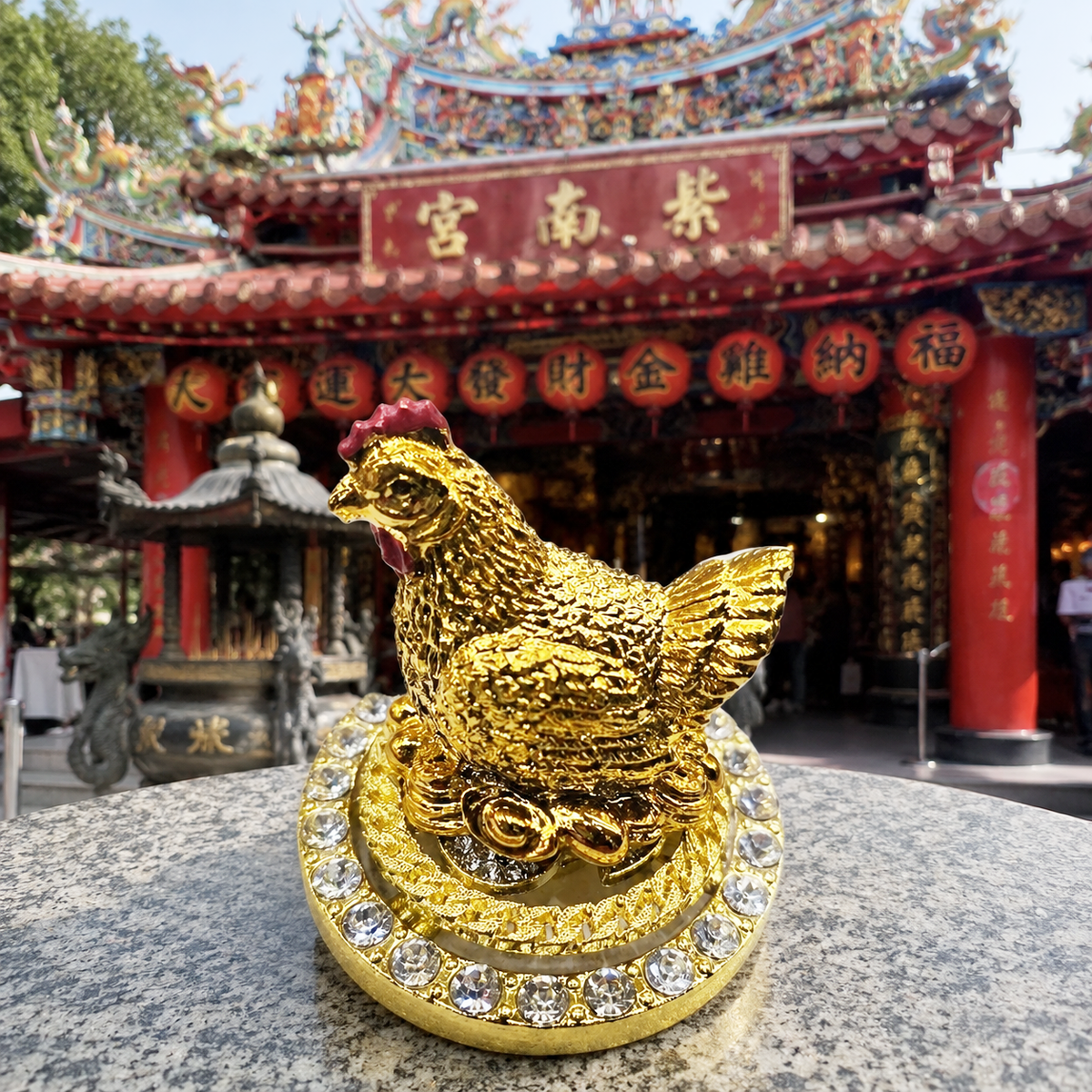 南投・紫南宮 金運招福の金鶏置物